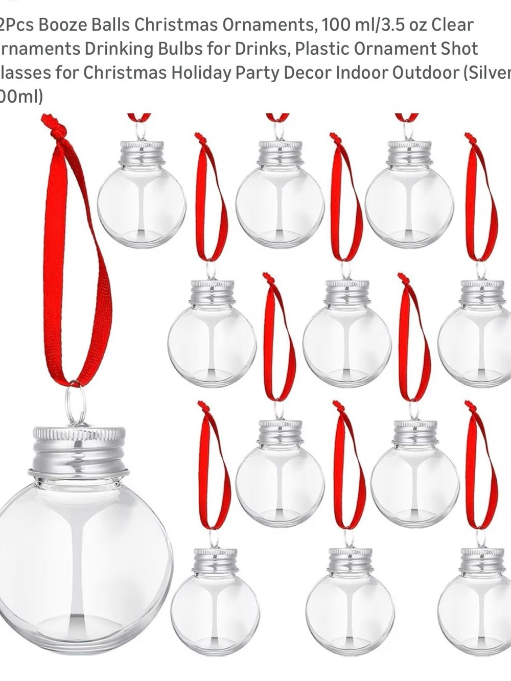 🆕 Clear Glass Booze Ball Ornaments with Red Hanging Ribbons (12 Pack), 100ml